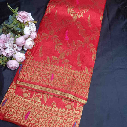 RED FLORAL JAAL BANARASI SEMI SILK SAREE