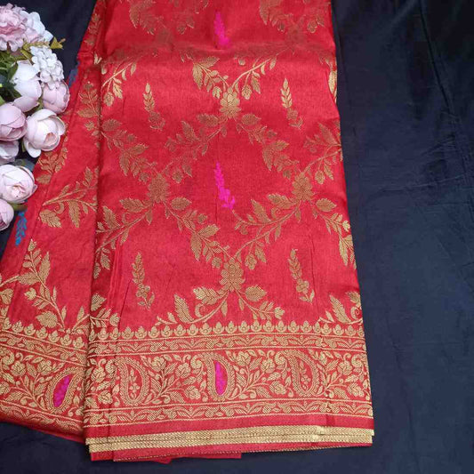 RED FLORAL JAAL BANARASI SEMI SILK SAREE