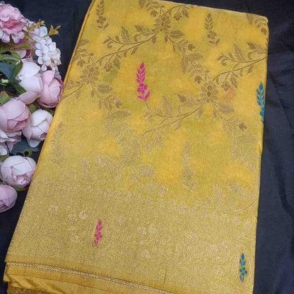 YELLOW FLORAL JAAL BANARASI SEMI SILK SAREE