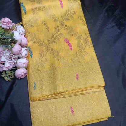 YELLOW FLORAL JAAL BANARASI SEMI SILK SAREE