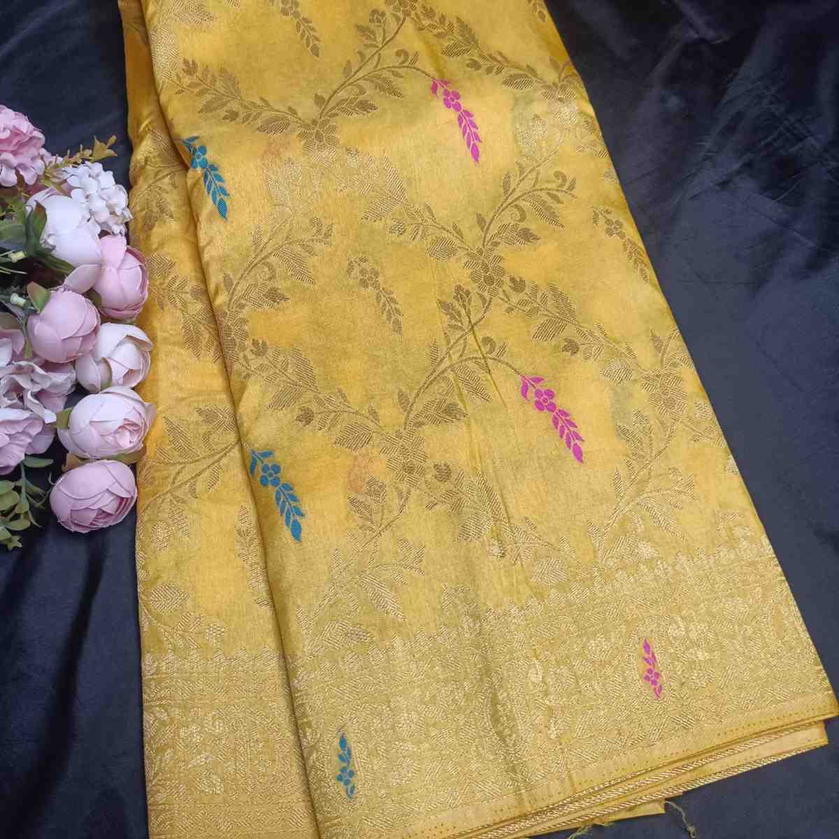 YELLOW FLORAL JAAL BANARASI SEMI SILK SAREE