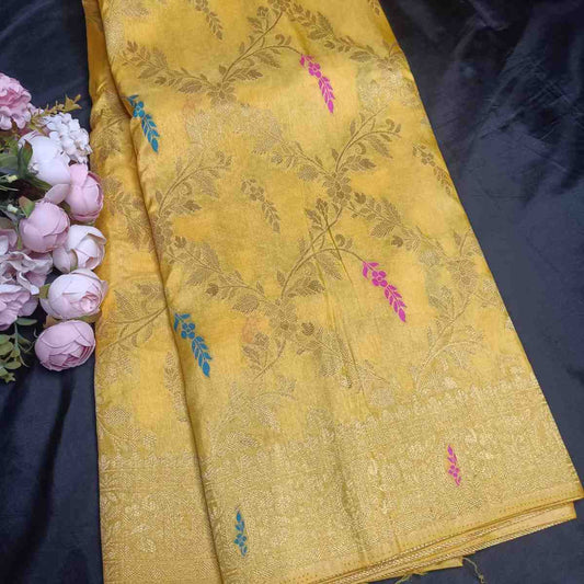 YELLOW FLORAL JAAL BANARASI SEMI SILK SAREE