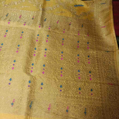 YELLOW FLORAL JAAL BANARASI SEMI SILK SAREE