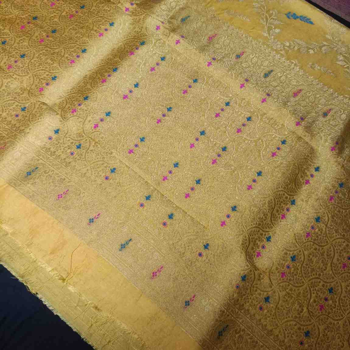 YELLOW FLORAL JAAL BANARASI SEMI SILK SAREE