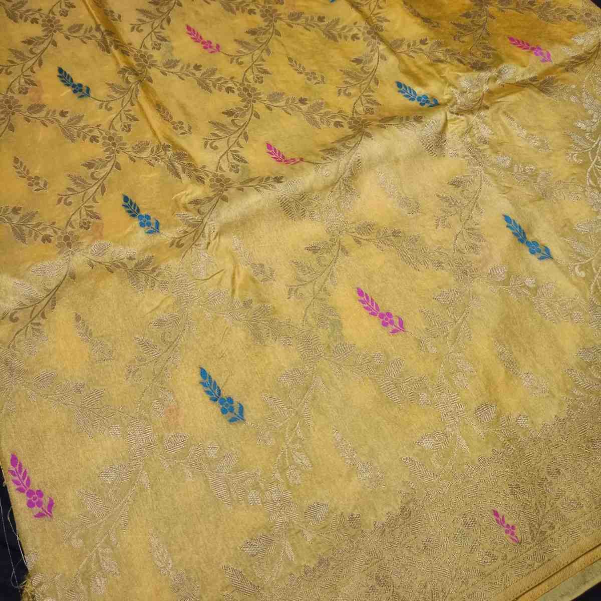 YELLOW FLORAL JAAL BANARASI SEMI SILK SAREE