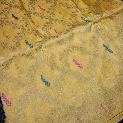 YELLOW FLORAL JAAL BANARASI SEMI SILK SAREE