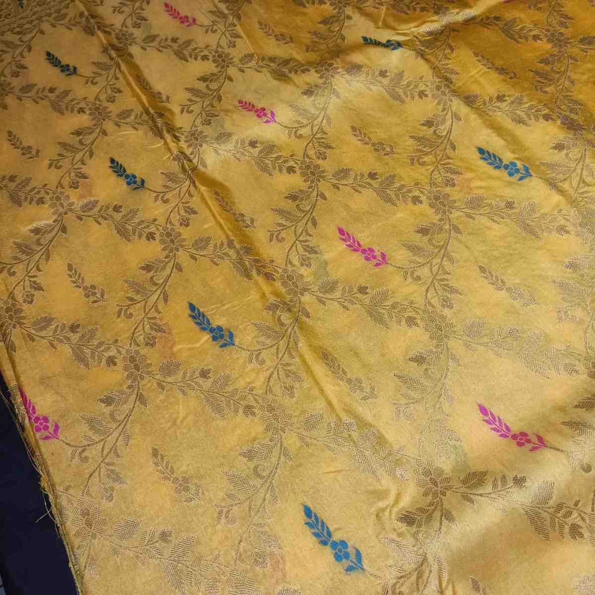 YELLOW FLORAL JAAL BANARASI SEMI SILK SAREE