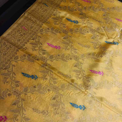 YELLOW FLORAL JAAL BANARASI SEMI SILK SAREE
