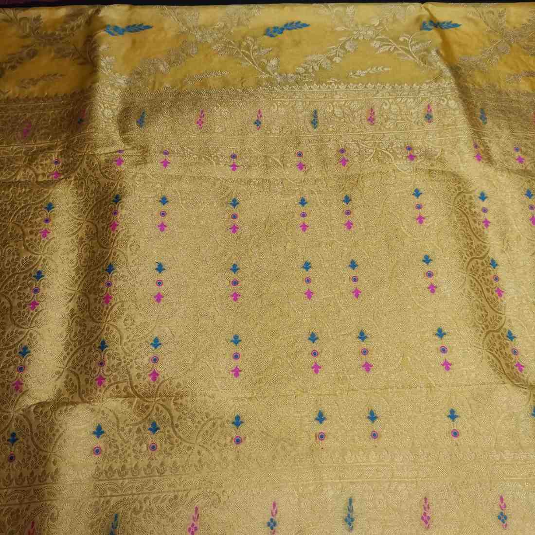 YELLOW FLORAL JAAL BANARASI SEMI SILK SAREE