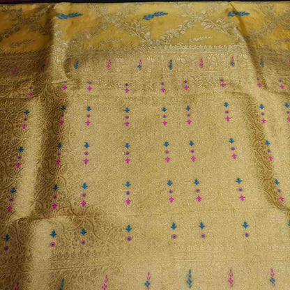 YELLOW FLORAL JAAL BANARASI SEMI SILK SAREE