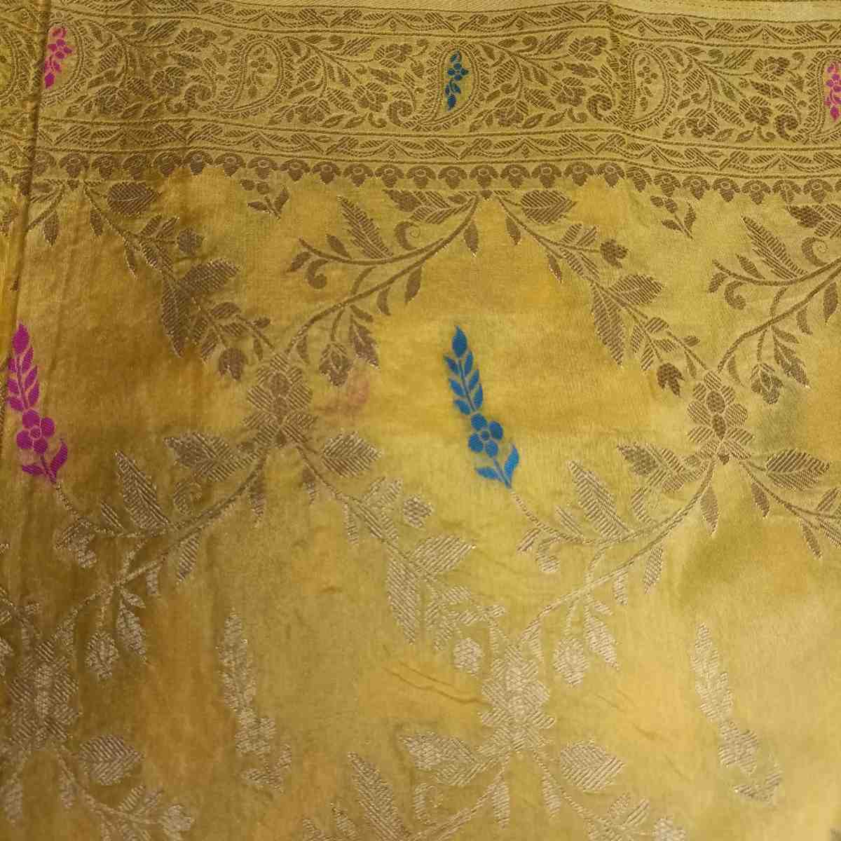 YELLOW FLORAL JAAL BANARASI SEMI SILK SAREE