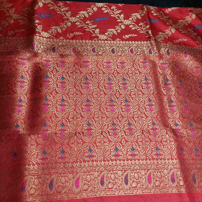 RED FLORAL JAAL BANARASI SEMI SILK SAREE