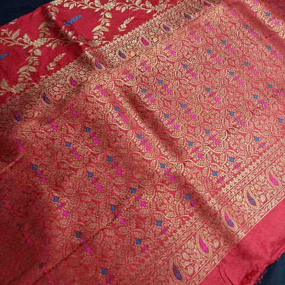RED FLORAL JAAL BANARASI SEMI SILK SAREE