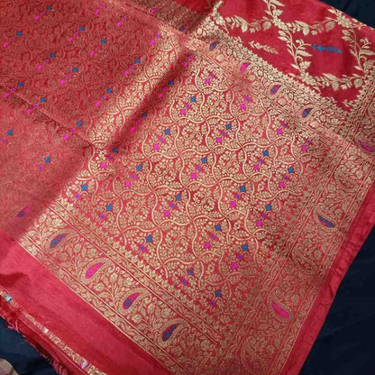 RED FLORAL JAAL BANARASI SEMI SILK SAREE