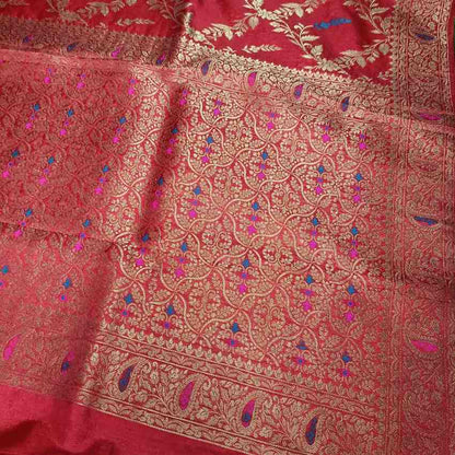 RED FLORAL JAAL BANARASI SEMI SILK SAREE