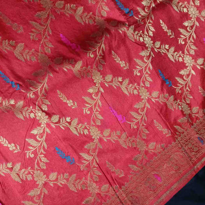RED FLORAL JAAL BANARASI SEMI SILK SAREE