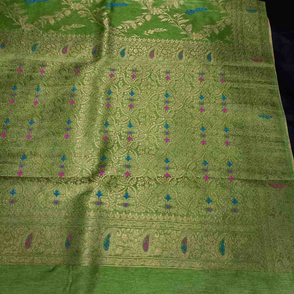 PARROT GREEN FLORAL JAAL BANARASI SEMI SILK SAREE