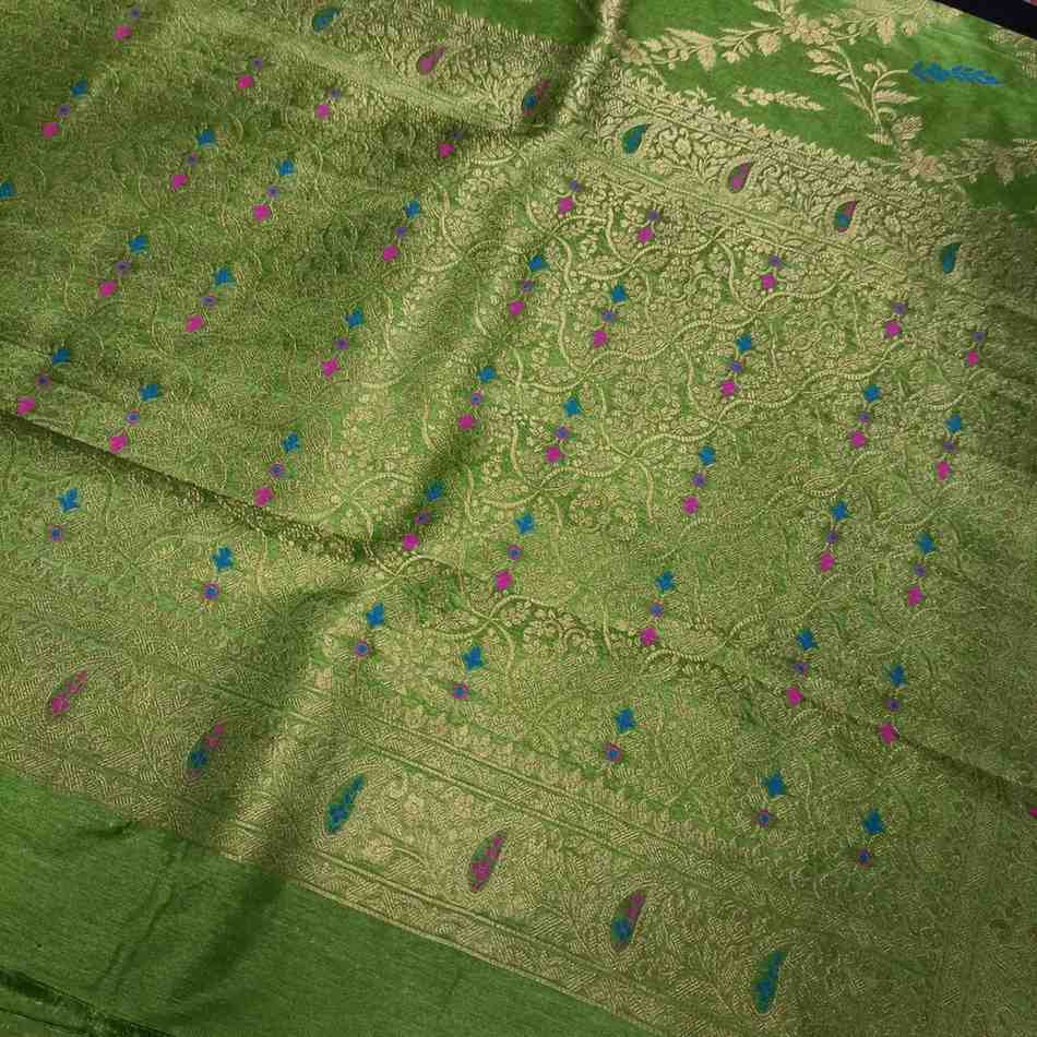 PARROT GREEN FLORAL JAAL BANARASI SEMI SILK SAREE