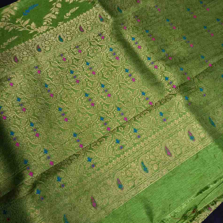 PARROT GREEN FLORAL JAAL BANARASI SEMI SILK SAREE