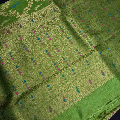PARROT GREEN FLORAL JAAL BANARASI SEMI SILK SAREE