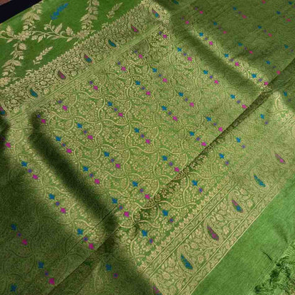 PARROT GREEN FLORAL JAAL BANARASI SEMI SILK SAREE