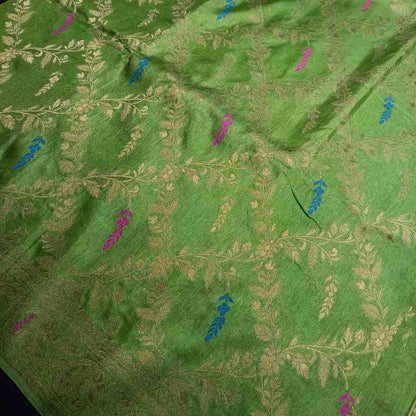 PARROT GREEN FLORAL JAAL BANARASI SEMI SILK SAREE