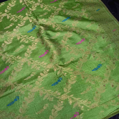 PARROT GREEN FLORAL JAAL BANARASI SEMI SILK SAREE