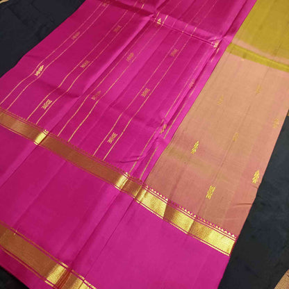 Pure handloom honey gold Kanjivaram silk saree with Korvai border full view