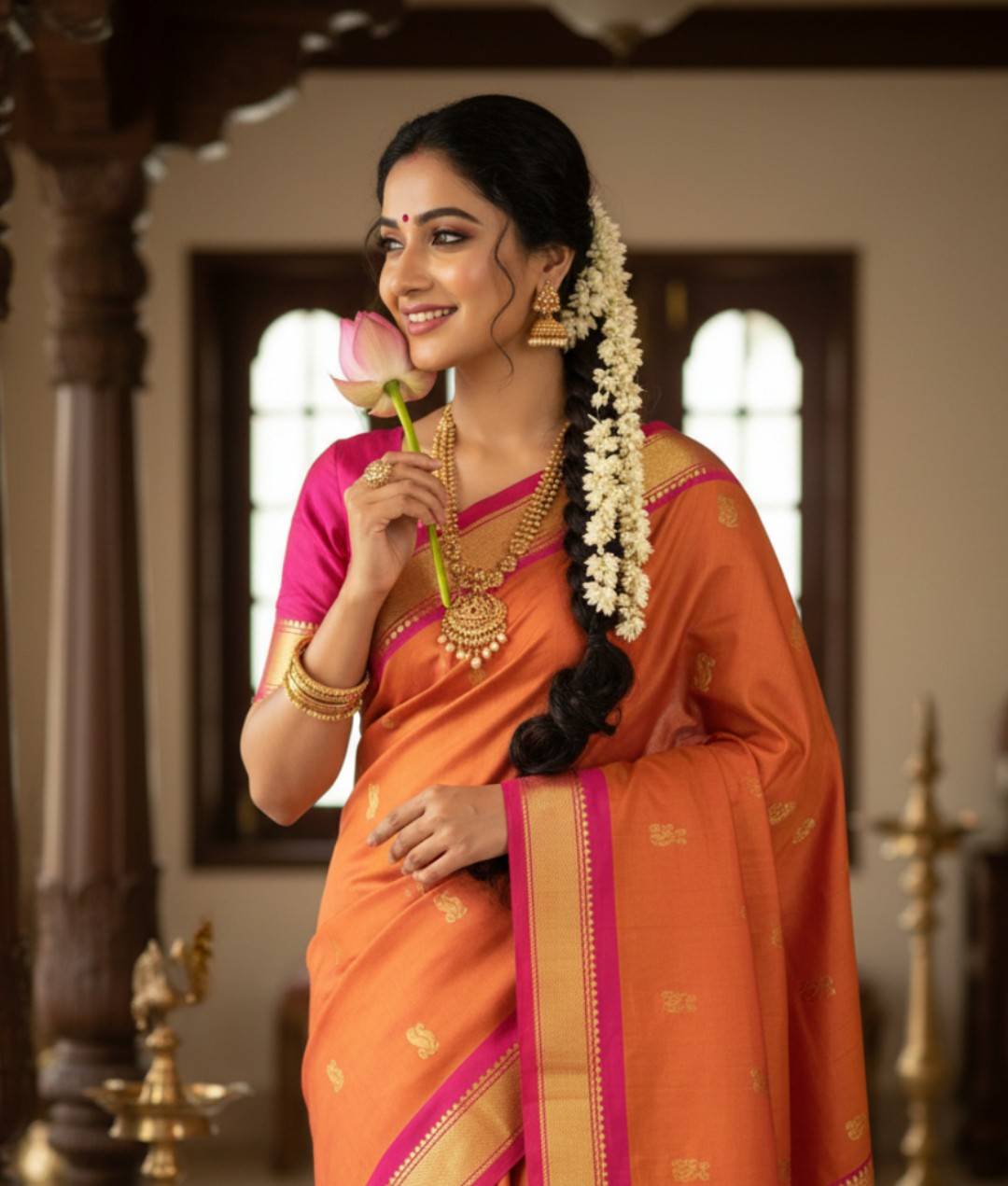 Pure Handloom Rust Orange Kanjivaram Silk Saree - Bhavanji Border
