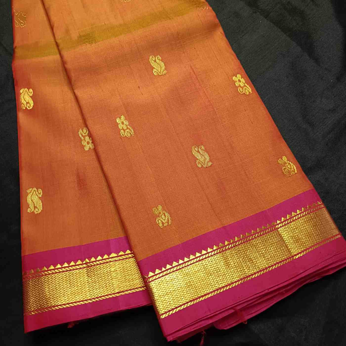 Pure Handloom Rust Orange Kanjivaram Silk Saree - Bhavanji Border