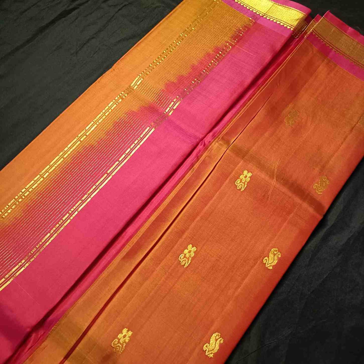 Pure Handloom Rust Orange Kanjivaram Silk Saree - Bhavanji Border