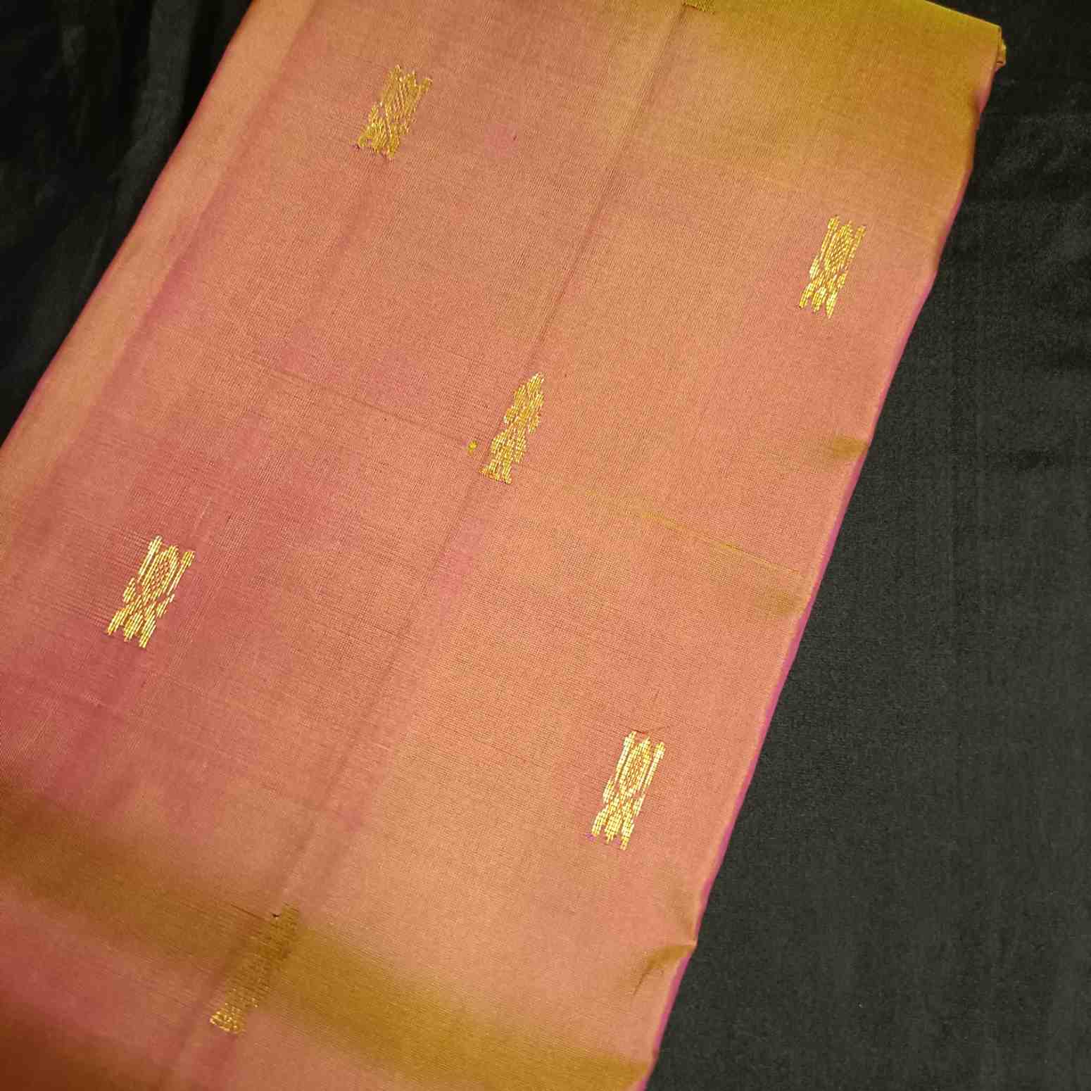 Traditional Chinna Butta motifs on Vendhayam honey gold Kanjivaram silk saree
