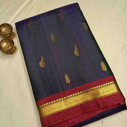 Pure Handloom Navy Blue Kanjivaram Silk Saree - Vanki Butta