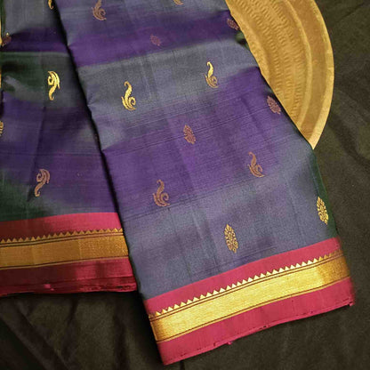 Pure Handloom Navy Blue Kanjivaram Silk Saree - Vanki Butta