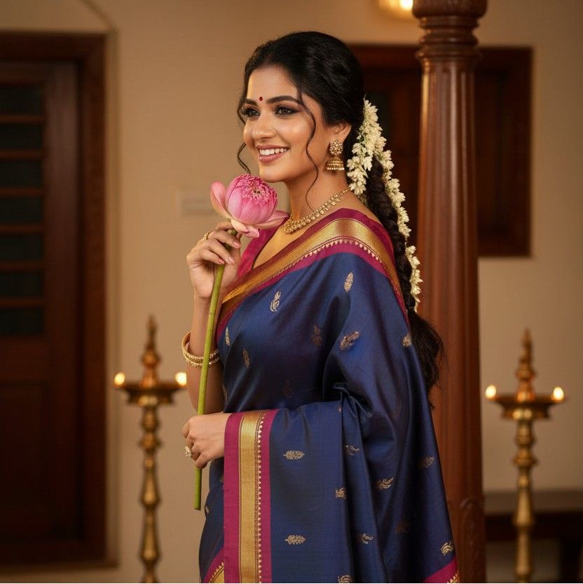 a woman wearing a navy ble pure handloom kanchipuram silk saree