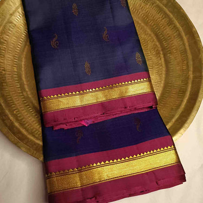 Pure Handloom Navy Blue Kanjivaram Silk Saree - Vanki Butta