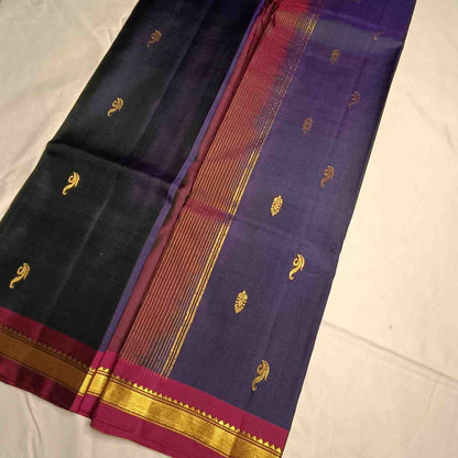 Pure Handloom Navy Blue Kanjivaram Silk Saree - Vanki Butta