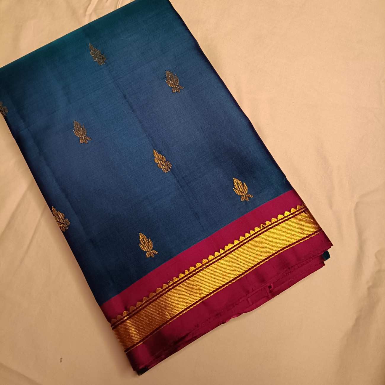 Pure Handloom MS Blue Kanjivaram Silk Saree - Temple Rekku Kaddi Border