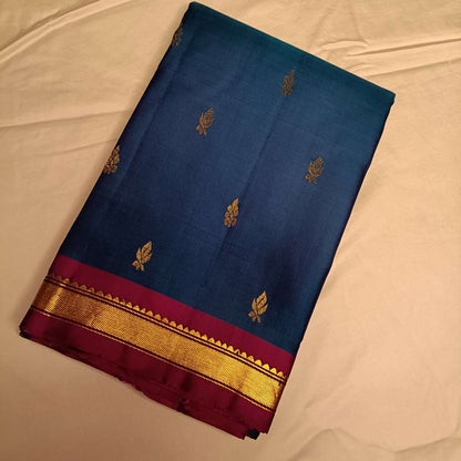Pure Handloom MS Blue Kanjivaram Silk Saree - Temple Rekku Kaddi Border