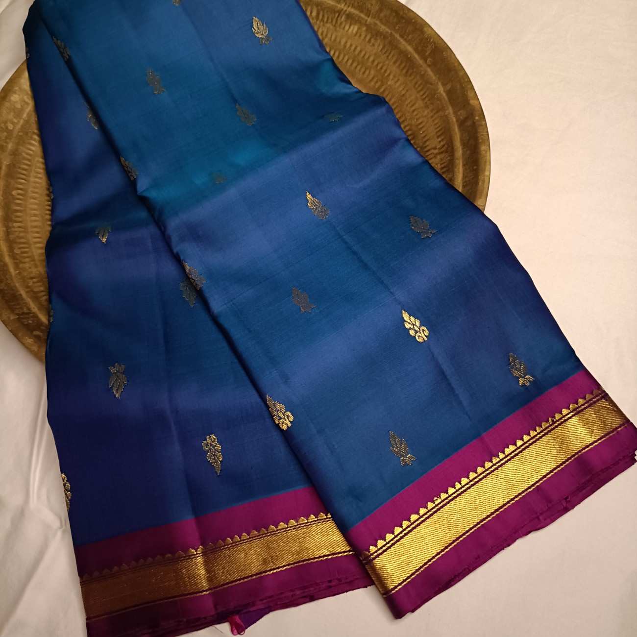 Pure Handloom MS Blue Kanjivaram Silk Saree - Temple Rekku Kaddi Border