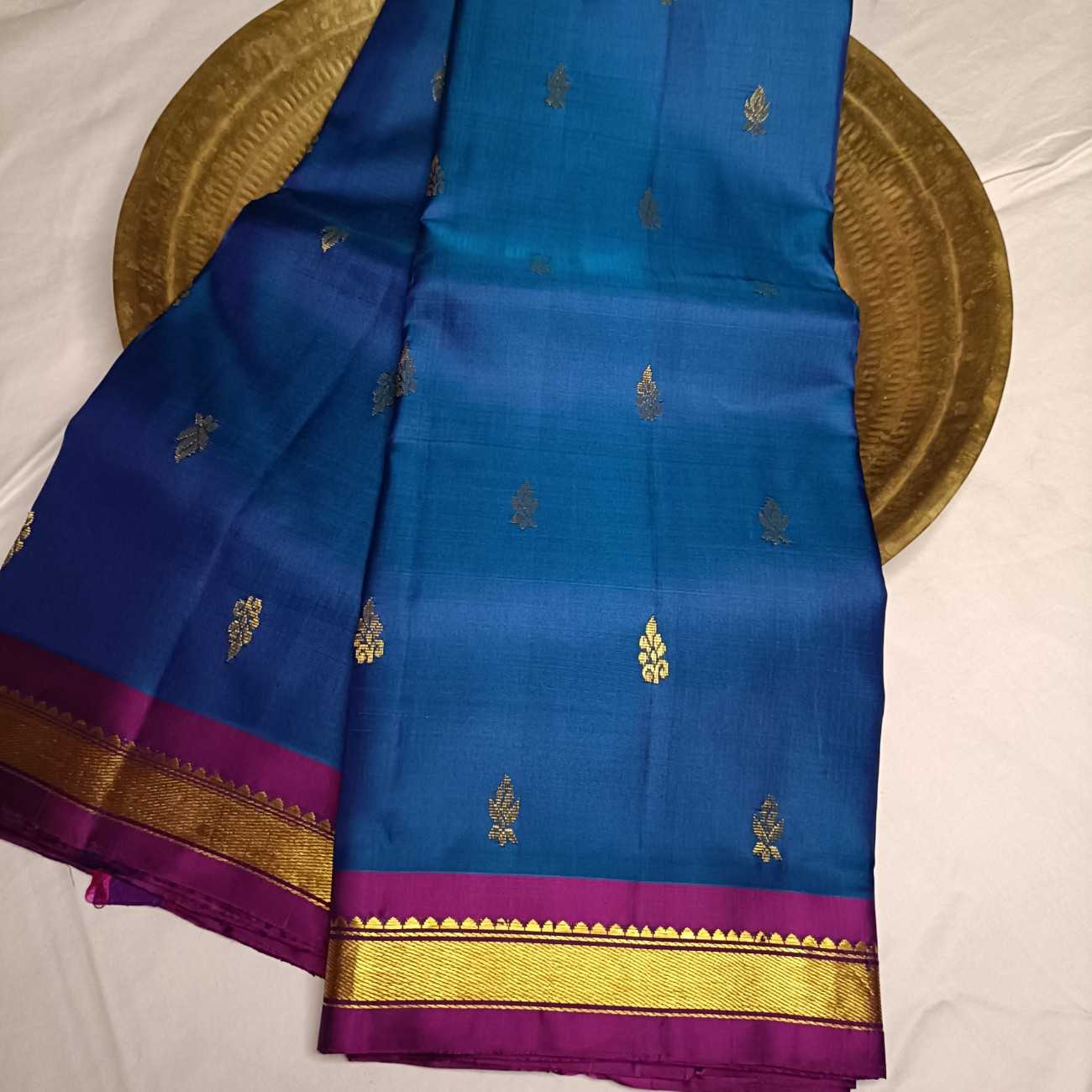 Pure Handloom MS Blue Kanjivaram Silk Saree - Temple Rekku Kaddi Border