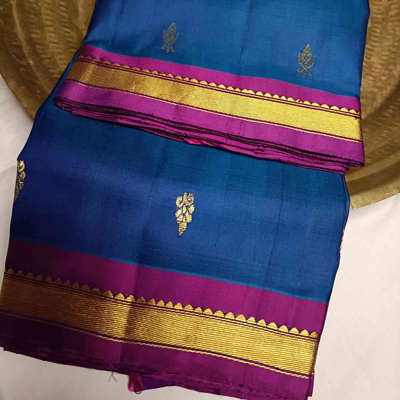 Pure Handloom MS Blue Kanjivaram Silk Saree - Temple Rekku Kaddi Border