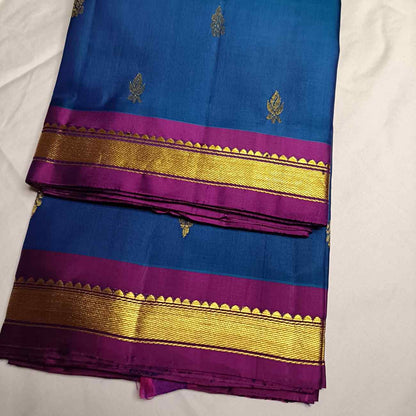 Pure Handloom MS Blue Kanjivaram Silk Saree - Temple Rekku Kaddi Border