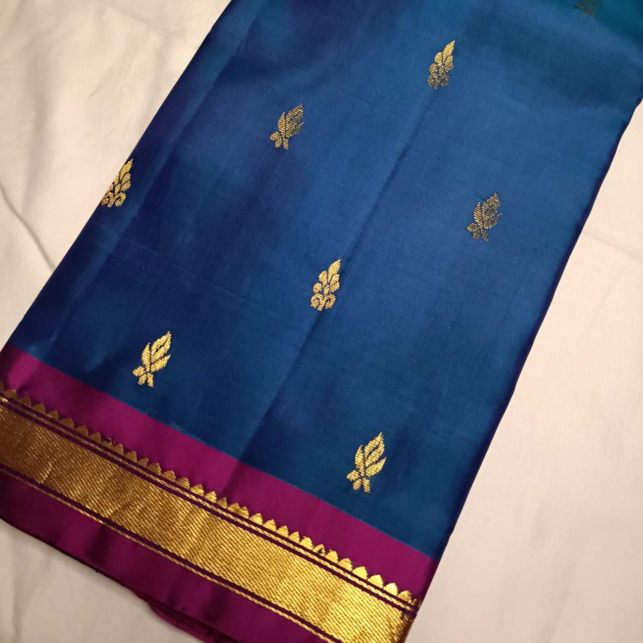 Pure Handloom MS Blue Kanjivaram Silk Saree - Temple Rekku Kaddi Border