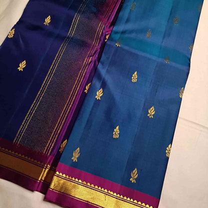 Pure Handloom MS Blue Kanjivaram Silk Saree - Temple Rekku Kaddi Border