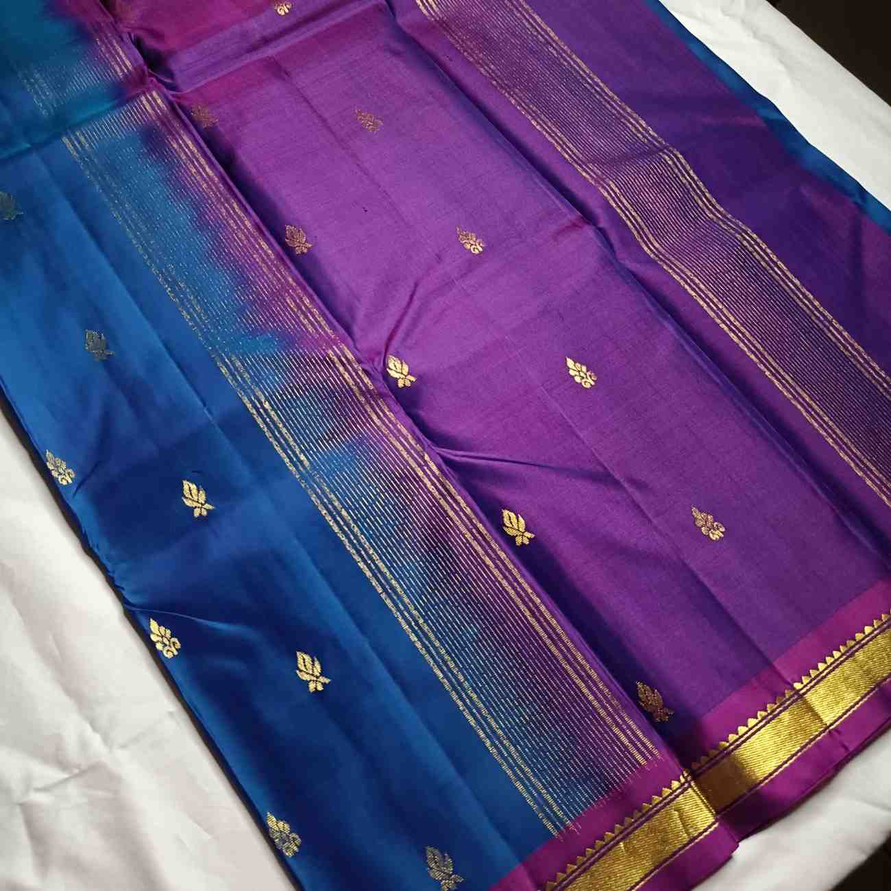 Pure handloom MS Blue Kanjivaram silk saree with Korvai Temple border full view