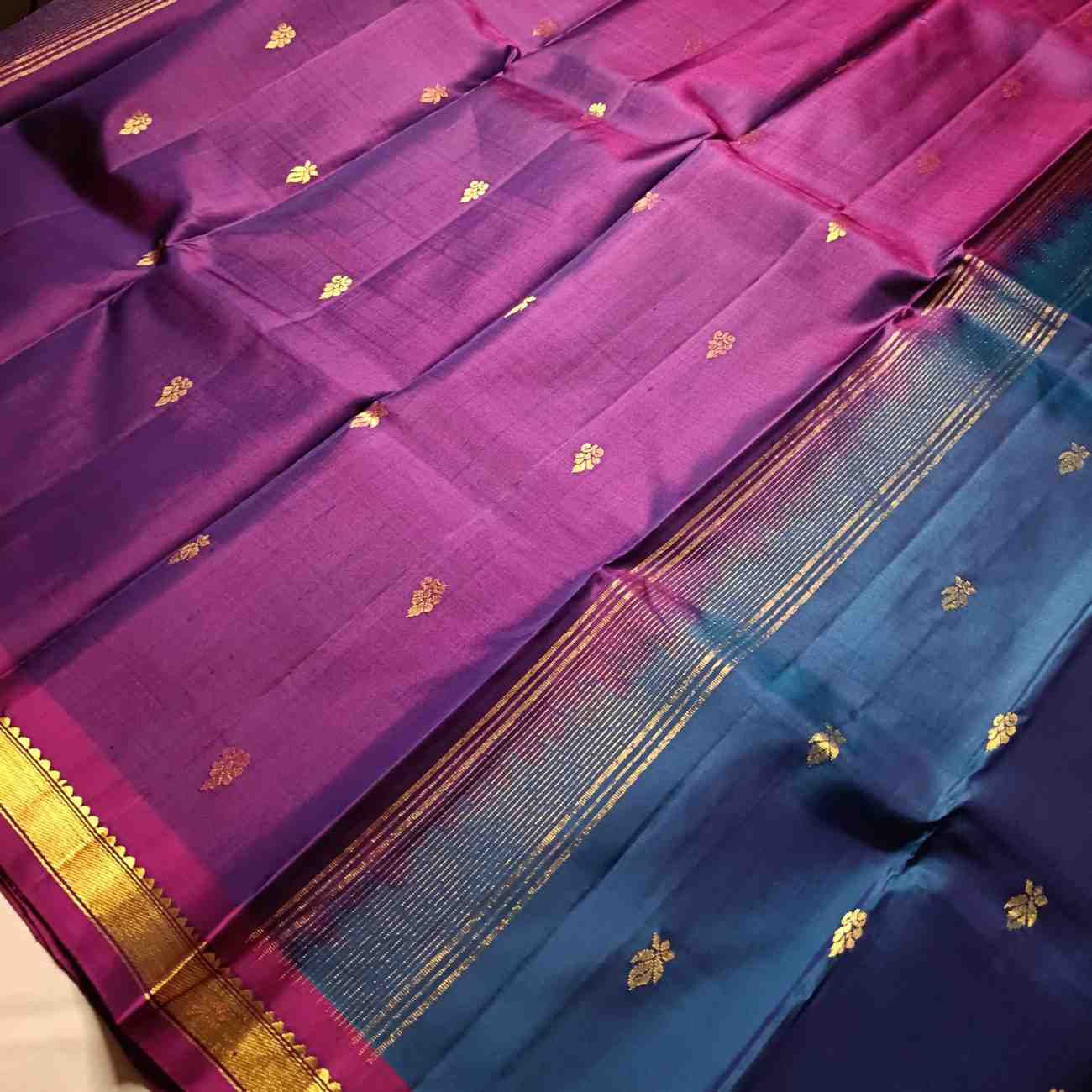 Pure handloom MS Blue Kanjivaram silk saree with Korvai Temple border full view