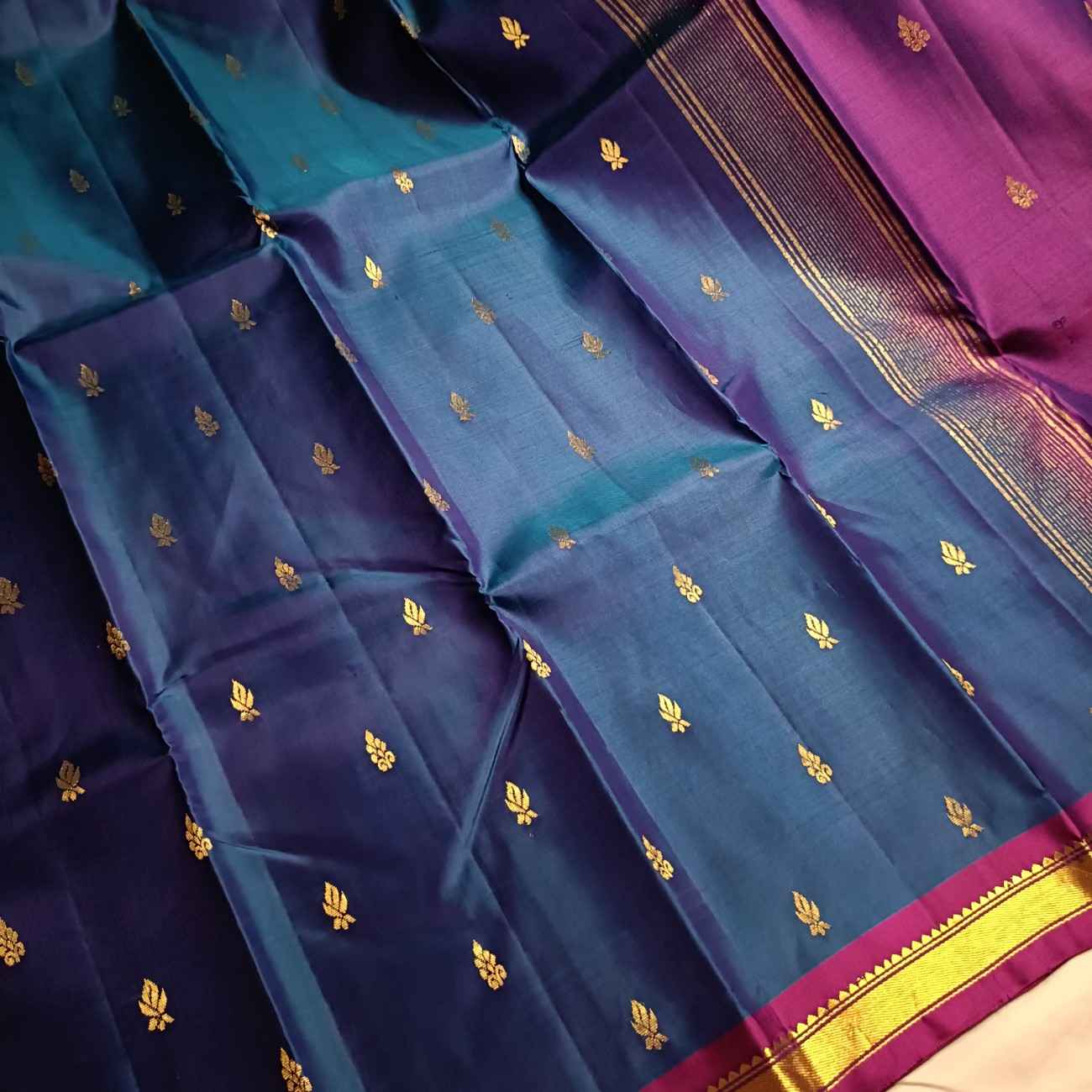 Traditional Elai Butta and Rettai Elai Butta motifs on MS Blue Kanjivaram saree
