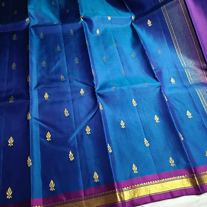 Pure Handloom MS Blue Kanjivaram Silk Saree - Temple Rekku Kaddi Border