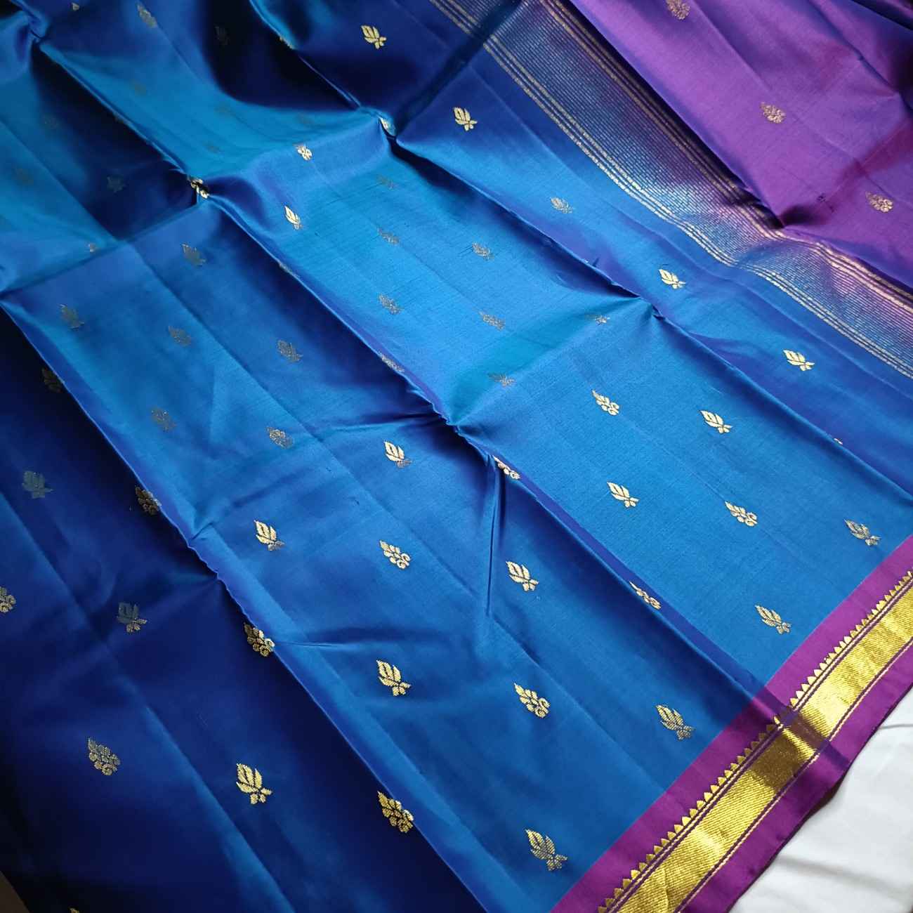 Pure Handloom MS Blue Kanjivaram Silk Saree - Temple Rekku Kaddi Border